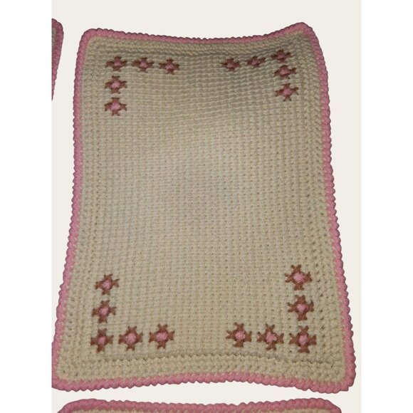 Set Of 4 Handcrafted Crochet Placemats Pink Brown Flower Design - Picture 3 of 8